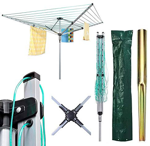 Bargains Hut Heavy Duty 4 Arm Rotary Airer Outdoor Garden Folding Clothes Washing Line Dryer Spike & Cover (60m 4 Arm Rotary Airer)