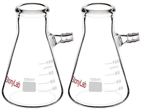 stonylab Paquet de 2 Fioles Filtrantes en Verre Borosilicaté de 100ml, Glass Filtering Flask, Col Boulonné et Tubulation - 100ml