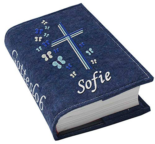 Gotteslob Gotteslobhülle Großdruck Kreuz Schmetterlinge blau Filz mit Namen bestickt hellgrau weiß dunkelgrau lila blaugrau dunkelblau türkis maigrün flieder, Farbe:dunkelblau meliert
