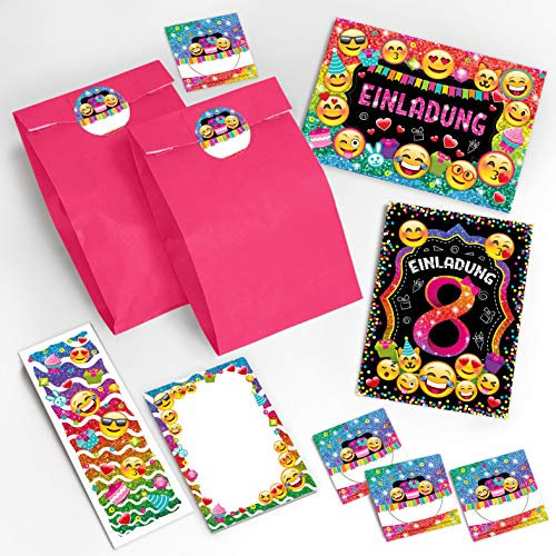 JuNa-Experten 12 Einladungskarten 8. Geburtstag Mädchen Einladung achte Kindergeburtstag Einladungen zum Geburtstag incl. 12 Umschläge, 12 Tüten/rosa, 12 Aufkleber, 12 Lesezeichen, 12 Notizblöcke