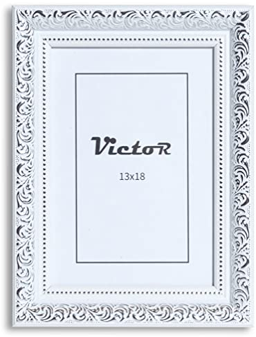 VictoR Vintage Bilderrahmen „Rubens“ in 13x18 cm Weiß Silber - Leiste: 30x20mm - Echtglas - Fotorahmen Barock - Antik - Bilderrahmen 13x18 Weiß