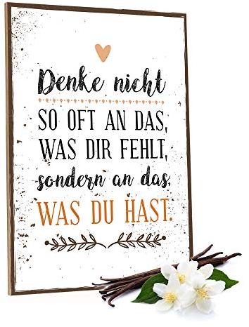 GRAVURZEILE Holzschild mit Spruch - Denke nicht so oft an das was Dir fehlt - Moderne Kunstdrucke auf Holz - Wand Dekoration im Vintage-Look Kunstdruck für Familie Freunde in Küche Home & Co