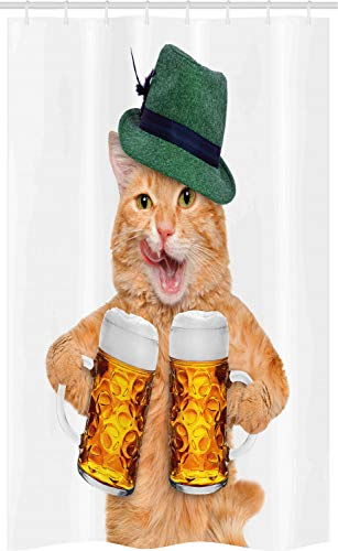 ABAKUHAUS Katze Schmaler Duschvorhang, Kater Hut Bierkrug Lustig, Badezimmer Deko Set aus Stoff mit Haken, 120 x 180 cm, Mehrfarbig
