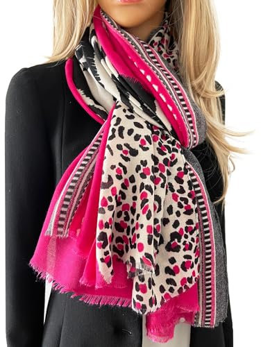 The Accessory Co. Ladies Large Leopard Print Scarf for Women, Animal Print Scarves, Long Neck Scarf, Designer Shawl Wrap Tiger Zebra, Mustard Yellow Green Pink (Fuchsia)