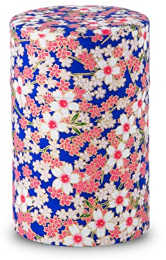 Noren Tea Caddy Boîte à thé 100 g (boîte à thé en papier japonais – Fleurs de cerisier en pleine floraison bleue) / Fabriqué au Japon Yuzen Washi (Sakura in voller Blüte/Blau)