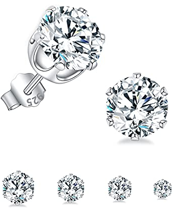 Silberne Ohrstecker für Damen | 925 Sterling Silber Ohrstecker Set | Kleine Helix Tragus Knorpel Ohrringe | 4 Paar Zirkonia Ohrstecker für Frauen Mädchen (3/4/5/6 mm)