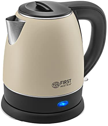 TZS First Austria Edelstahl Wasserkocher, creme-schwarz, 2200W | 1,2 Liter | Höhe 20cm | 360° Grad Abstellwinkel | integrierter Kalkfilter, Trockenkochschutz, kabellos