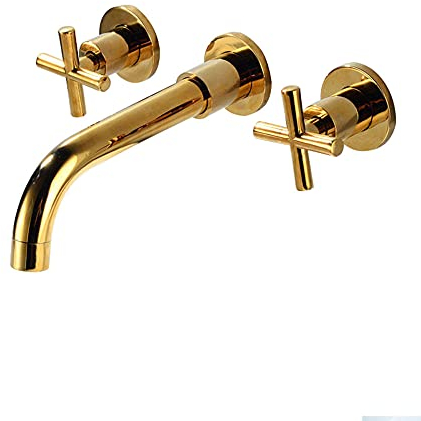 Mitigeur de Lavabo Encastré Mural Robinetterie Lavabo Double Poignée Pivotant Mitigeur Salle de Bain-D'Or