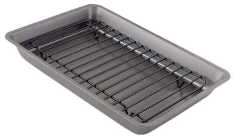 Chef Pomodoro - Bandeja para horno con rejilla - Gris - 28,5 x 19,5 cm - Antiadherente - Bandeja pequeña con rejilla y bandeja recogegrasa - Perfecto para carne, pescado, verduras
