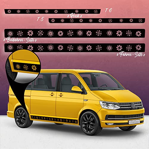 Auto-Dress Seitenstreifen Aufkleber Set/Dekor passend für VW T4, T5 & T6 Bus - Motiv: Blumen Original (101 White Matt, Kurzer Radstand)