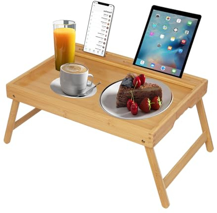 Artmeer Bamboo Breakfast Food Tray with Folding Legs and Media Slot, Use As Laptop Desk or Snack TV Tray, Kitchen Serving Platter (Beige, Medium)