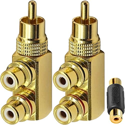 Xiatiaosann RCA Splitter Adapter, Male To 2 Female Y Splitter for Stereo Audio Phono Cable, 2 PCS Right Angle 90 Degree Gold-Plated Jack Connector for DVD Amplifier Speaker Car Stereo
