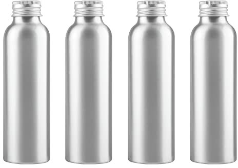 ZEOABSY 4 Pièces Argent Flacon Aluminium Vides 120 ML, Bouteille en Aluminium avec Bouchon en Aluminium Fileté Argent pour Cosmétique Shampooing Salle de Bains Hôtel Voyage Rechargeables