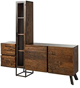 MASSIVMOEBEL24.DE | City Wohnwand aus Massivholz inkl. LED-Beleuchtung #07 | aus Akazienholz/Altholz - Braun, lackiert | 193 x 38 x 185 cm | 8 Fächer + 2 Schubladen | Mediawand Wohnzimmer