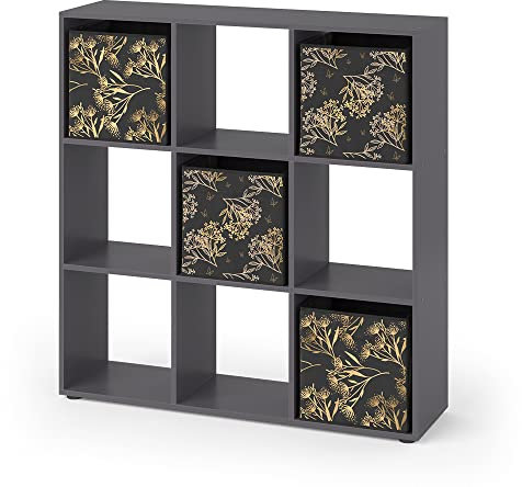 Vicco Raumteiler Nove, stehendes Bücherregal, Schwarz, 104 x 108 cm mit 4 Faltboxen Opt.1