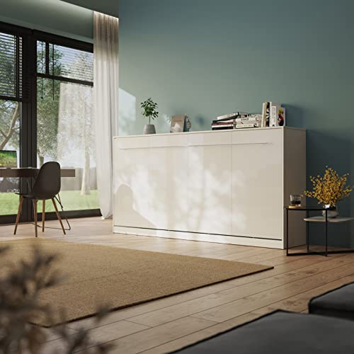 Generisch Modernes Schrankbett 90x200cm Horizontal Weiß/Weiß Hochglanzfront mit Gasdruckfedern Wandklappbett fürs Schlafzimmer, Wohnzimmer, Büro…