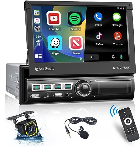 Hikity Autoradio 1 Din Carplay con Schermo Motorizzato, 7 Stereo Auto Bluetooth con Android Auto CarPlay Mirror Link Telecamera Posteriore AUX Controllo del Volante USB