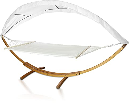 Ansobea 410cm Hängematte XXL mit Gestell und Sonnendach, Liegefläche 200x150 cm, Hammock aus wetterfestem Lärchenholz, bis 200kg, Stabhängematte für 2 Personen Outdoor und Indoor