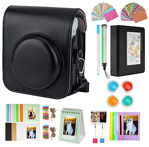 Risou Mini 12 Camera Accessories Bundles Compatible with Instax Mini 12. - Kit Includes: Camera Case/Photo Album/Filters/Wall Hanging Frames/Stickers/Pen(12 in 1) (Black)