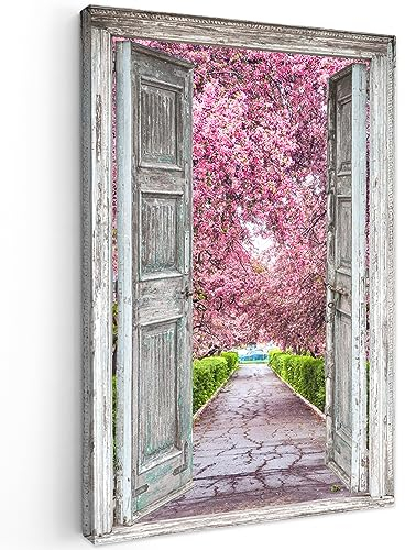MuchoWow© Leinwand Groß 80x120 cm XXL Deko Schlafzimmer Aesthetic Leinwandbilder Wohnzimmer Gemälde Foto Geschenk Living Room Decoration Sakura - Fensterblick - Baum - Kirschblüte