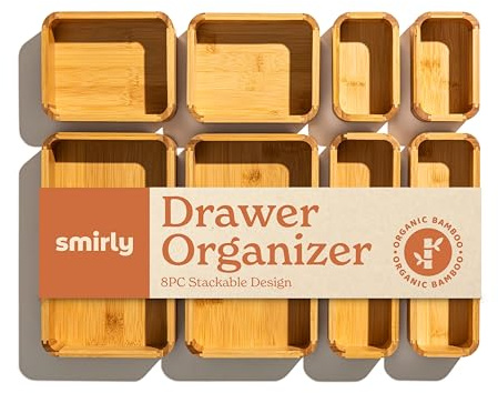 SMIRLY 8-Piece Bamboo Kitchen Drawer Organizer Set for Large and Small Utensils, Multi-use Storage Box - Bathroom, Nightstand, Jewelry, Cutlery, Knife, Spice, Towel, Junk Drawer Tray