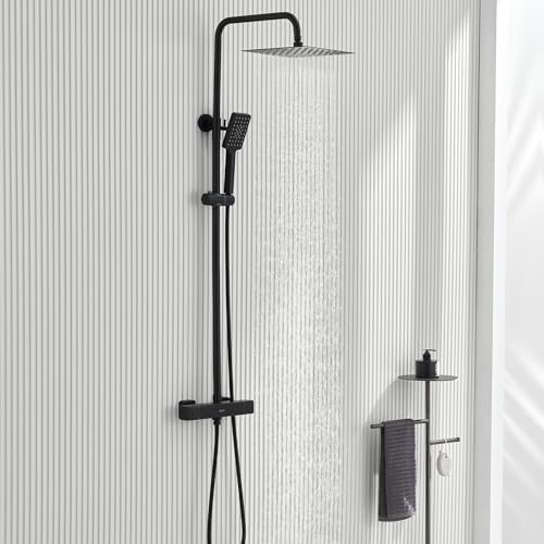 Ulytid Columna Negro 38℃, Conjunto con Grifo Termostatico, Ducha de Mano de 3 Modos, Sistema de Lluvia Cuadrada 25x25cm, Set Barra Altura Adjustable