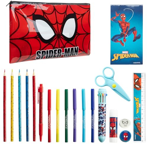 Marvel Spiderman Federtasche Gefüllt Kinder, Federmäppchen Groß, Mäppchen mit Inhalt, Etui Schule mit Buntstifte Markierungen, Geschenk für Jungen