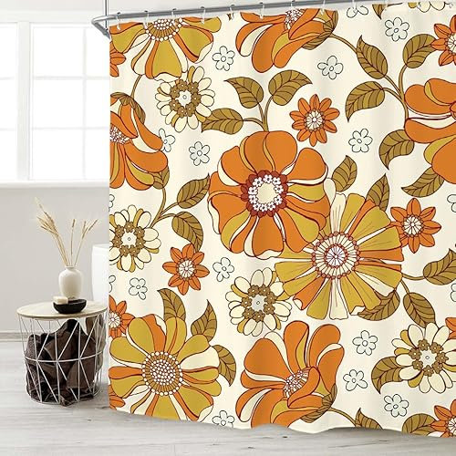 Miyotaa Duschvorhang-Set, Retro-Blumen-Design, 70er-Jahre, 180 x 180 cm (B x H), Vintage, Hippie, ästhetisch, Orange, groovig, niedlich, Polyester, wasserdicht, mit 12 Haken