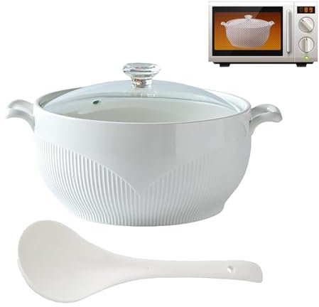 SIULAS Zuppiera Rotonda in Ceramica, zuppiera in Ceramica Bianca con Coperchio in Vetro e mestolo, zuppiera in Ceramica con Coperchio in Diamante,Bianca,1500ml