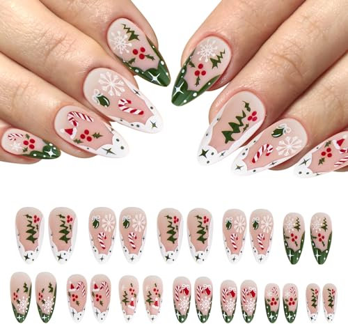 Christmas False Nails, 24PCS Long Press on Nails Full Cover Glossy Fake Nails with Jelly Glue Xmas Snowflake Stick on Nails Artificial Finger Manicure for Women Girls Holiday Nail Decoration Y7XHGZMJ