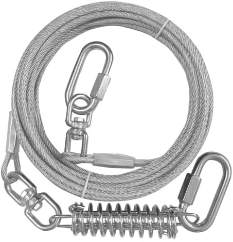 Miao Chuai Dog Tie Out Cable, 15ft 120Ibs with Swivel Hook and Shock Spring, Heavy Duty Dog Leads for Yard and Outdoor, Silver with Spring