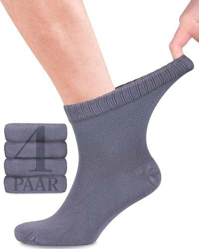 Fiera Besa Lot de 4 paires de chaussettes diabétiques en bambou avec lycra pour homme - Hauteur cheville - Sans couture à la base des ongles, gris, 43-46