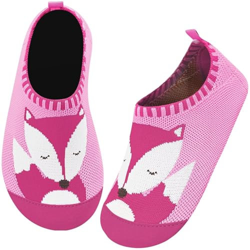 Kyopp Hausschuhe Kinder für Junge mädchen Atmungsaktive Hüttenschuhe Barfußschuhe Kinder Rutschfest Pantoffeln (Niedlicher Fuchs Rosa 24/25EU)
