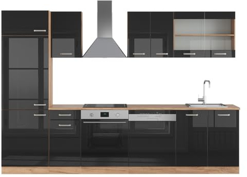 Vicco Küchenzeile R-Line, Schwarz Hochglanz/Goldkraft Eiche, 300 cm | 8 Module · Höhenverstellbare Füße · Arbeitsplatte Eiche · Robuste Fronten · Mit Kühlschrankumbauschrank · Frei kombinierbar