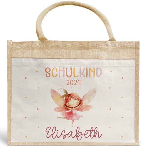 Schulkind 2024 Tasche, Zoo, Löwe Giraffe, Elefant, Schultasche, Rakete, UFO - Geschenk Einschulung, personalisierte Jutetasche, Einschulungsgeschenk (Ballerina Fee)