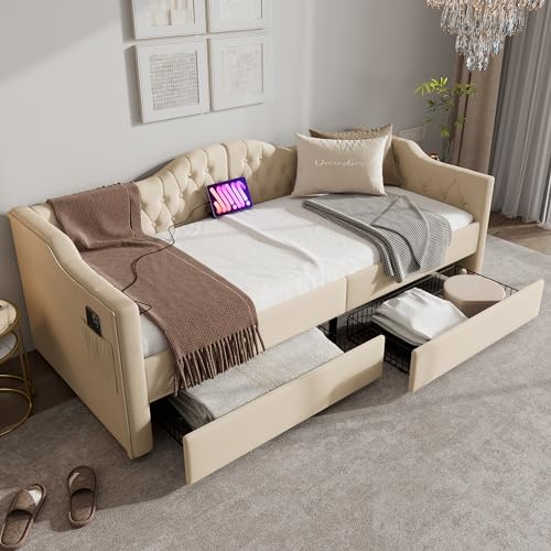 Rtopsu Polsterbett Kinderbett 90x190 cm mit USB-Type-C, Schlafsofa Tagesbett mit 2 Stauraum Schubladen, Sofabett Jugendbett Bettgestell mit Lattenrost aus Holz, Samt, Beige, Ohne Matratze