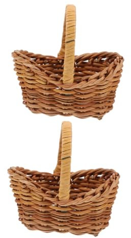 Amosfun 2pcs Mini Wicker Basket with Handle, Dollhouse Hamper Flower Basket for Fairy Garden Decoration, Wedding Candy Container for Guest (5.5x7.5x7.5cm)