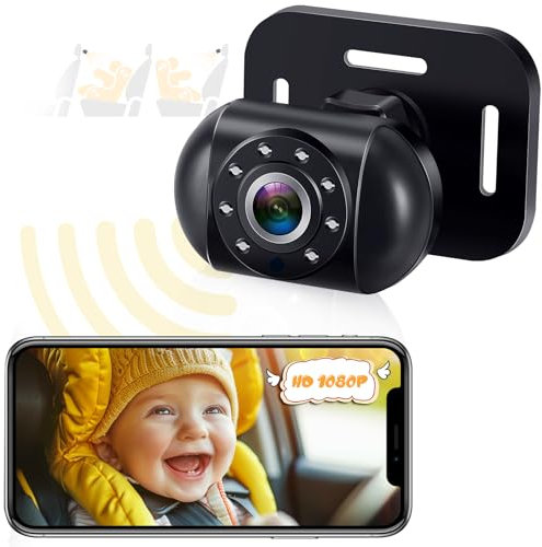 WZBB Telecamera per auto senza fili: alimentata a batteria, facile da installare, per sedile posteriore del bambino, si collega all'iPhone, videocamera HD 1080P per seggiolino auto per bambini di 1,