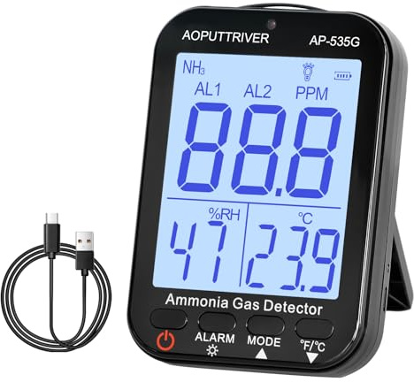 Detector 535G, Monitor Sensor Range 0-100ppm Rechargeable Ammonia Gauge with Alarm, Temperature(℉/℃), Humidity, LCD Backlight Display, for Poultry, Farm, Chemicals