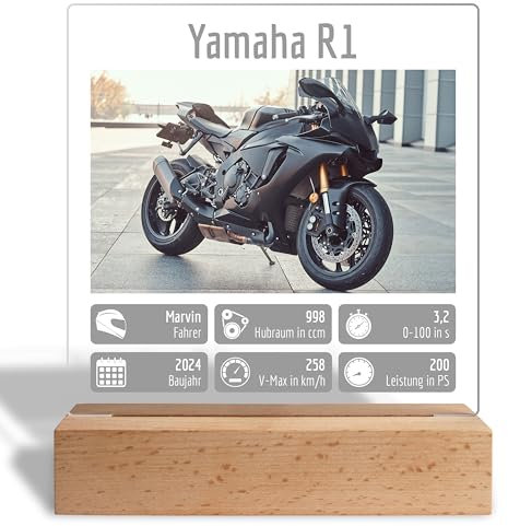 Motorrad Geschenk für Motorradfahrer: Acrylglas-Aufsteller personalisiert mit Foto & Daten - Fotogeschenk für Biker Motorrad-Fans Männer & Frauen - 15x18 cm, inkl. Holzständer (Motorrad)