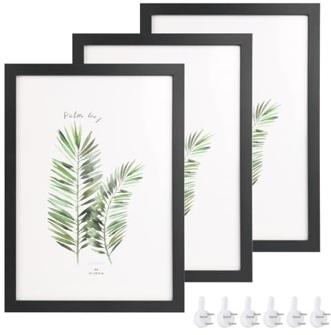 ‎ Lot de 3 cadres photo A4 en bois massif de chêne avec verre Plexi pour dessus de table et montage mural (23 x 32 cm) (noir)