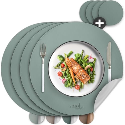 smøla 8-teiliges Tischset Rund aus PU-Leder - inkl. Untersetzer I Platzset Abwaschbar I Platzdeckchen Set in Lederoptik, Tischunterlage für Teller & Gläser I Tischdeko Frühling, Grün/Grau