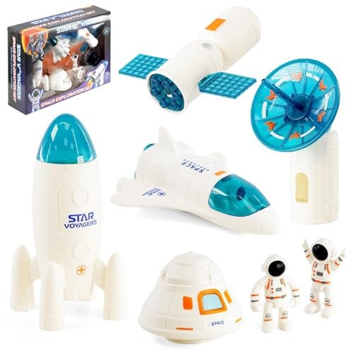 The Magic Toy Shop Space Exploration Set 7 Pcs Including 2 Astronaut, Toy Rocket, Space Shuttle - Kids Space Toys with Spaceship, Space Rocket Toys for Children, Space Gifts for Kids