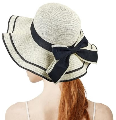 FuninCrea Ladies Sun Hat Wide Brim Straw Hat UPF 50+ Floppy Foldable Summer Hats UV Protection with Elastic Rope and Sweat Band, Beach Hats with Bow for Outdoor (Straw, White)