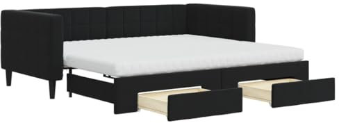 Willood Tagesbett mit Bettkasten & Schublade & Matratze Gästebett 2-in-1 Sofabett Schlafsofa für Schlafzimmer Wohnzimmer Bettsofa Sofa Schwarz 90x190 cm Samt