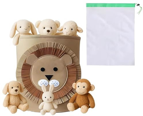 Toy Box Storage - Cute Animal Laundry Hamper Foldable Felt Organiser for Clothing, Kids Toys, Books & Nursery Essentials - 35cm Collapsible Basket with Handles(Lion Design + Mesh Bags Drawstring)