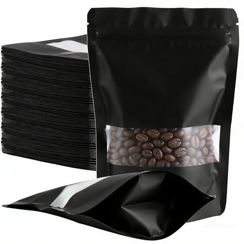 MIVIDE 100pcs Sachets en Mylar Refermables avec Zip, 14 x 20 cm Sachet Alimentaire Noir, Film Aluminium Sac Alimentaire Zip pour Conservation des Aliments