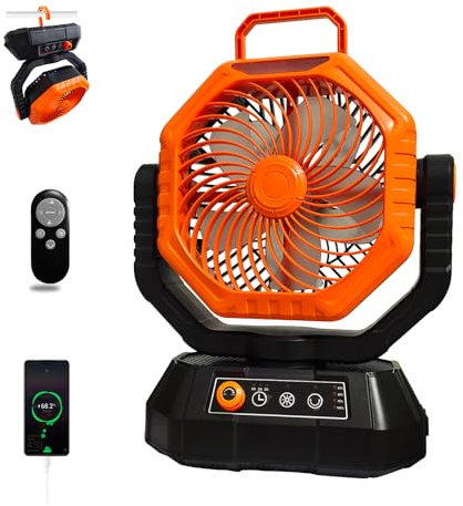 Camping Fan, 20000mAh Rechargeable Battery Fan with Remote, Stepless Speed, 270° Rotation, Timer Mode, Hook, LED Light, Personal Desk USB Fans for Outdoor Tent Camping (Orange)