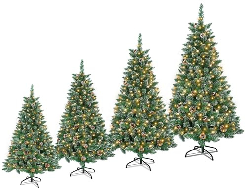 LILIIN Albero di Natale artificiale, 120 cm, con illuminazione, albero artificiale bianco e verde, con effetto neve + pigna, albero di Natale in PVC, con supporto (1,2 m, con illuminazione)