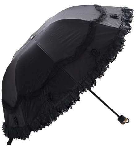 Kawaii-Story Schirm-006 Vintage Spitzen-Regenschirm, Faltbar, Viktorianischer Stil, Elegante Rüschen, Schwarz-Weiß mit Blumenmuster (006-2 schwarz)